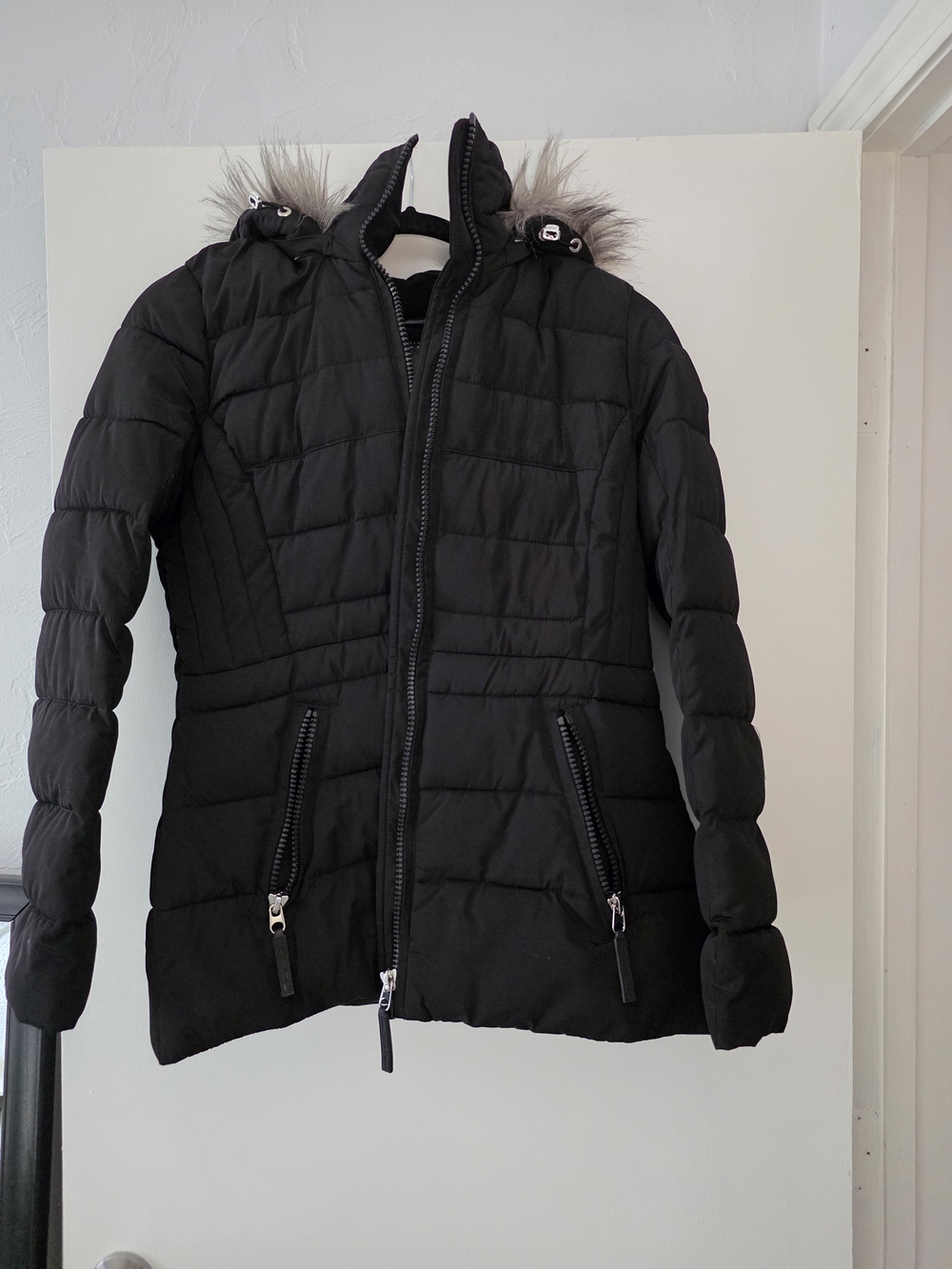 Calvin Klein Black Quilted Hooded Puffer Jacket with Fur Trim